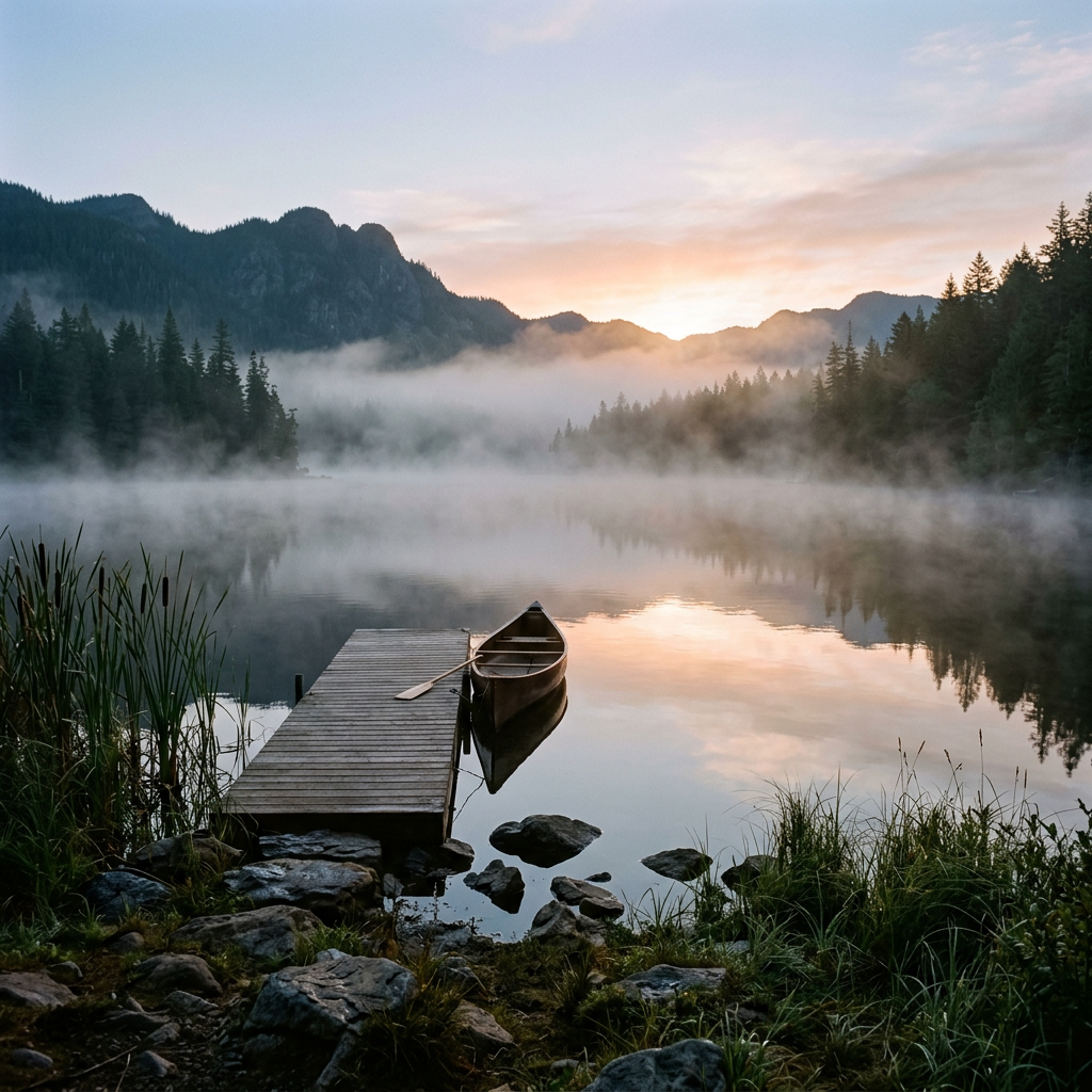 Wooden dock and canoe on misty mountain lake at sunrise